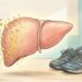 Ilustración médica y de estilo de vida que muestra un hígado humano del cual se desprenden partículas amarillas de grasa, acompañado de unas zapatillas deportivas azules, una botella de agua y un tazón con vegetales frescos y legumbres sobre una mesa de madera.