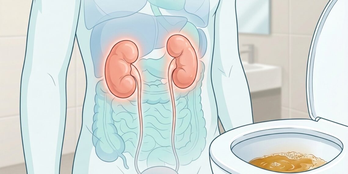 Una infografía detallada en cuadrícula de 2x2 que ilustra cuatro síntomas de daño renal notables al orinar: orina espumosa (con un inodoro con burbujas), cambios de color de la orina (muestras oscuras, marrones y rosadas), mayor frecuencia (con un reloj de arena y una persona orinando de noche) y dolor al orinar (con iconos de dolor y una persona con expresión dolorida). Una vista general del cuerpo con riñones brillantes sirve como contexto central.