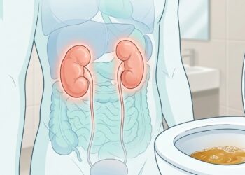 Una infografía detallada en cuadrícula de 2x2 que ilustra cuatro síntomas de daño renal notables al orinar: orina espumosa (con un inodoro con burbujas), cambios de color de la orina (muestras oscuras, marrones y rosadas), mayor frecuencia (con un reloj de arena y una persona orinando de noche) y dolor al orinar (con iconos de dolor y una persona con expresión dolorida). Una vista general del cuerpo con riñones brillantes sirve como contexto central.