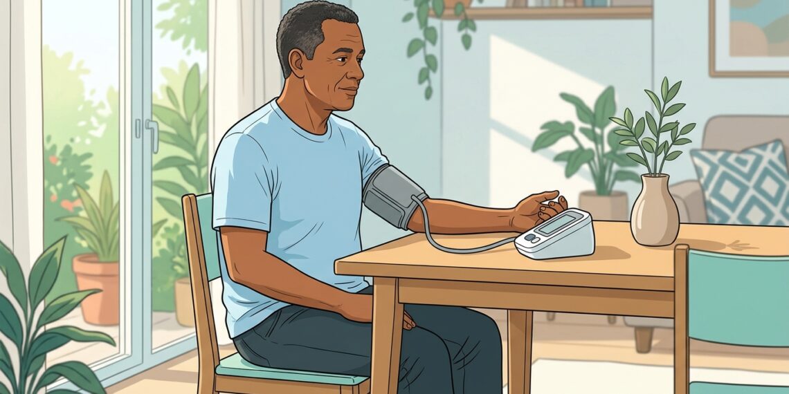 Ilustración vectorial de un hombre afroamericano de mediana edad sentado en una silla en una mesa de comedor doméstica, utilizando un tensiómetro automático en su brazo izquierdo. La mesa de madera contiene el dispositivo, una planta en maceta y un jarrón. El fondo muestra una sala de estar luminosa con una ventana abierta y plantas colgantes.