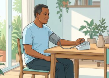 Ilustración vectorial de un hombre afroamericano de mediana edad sentado en una silla en una mesa de comedor doméstica, utilizando un tensiómetro automático en su brazo izquierdo. La mesa de madera contiene el dispositivo, una planta en maceta y un jarrón. El fondo muestra una sala de estar luminosa con una ventana abierta y plantas colgantes.