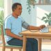 Ilustración vectorial de un hombre afroamericano de mediana edad sentado en una silla en una mesa de comedor doméstica, utilizando un tensiómetro automático en su brazo izquierdo. La mesa de madera contiene el dispositivo, una planta en maceta y un jarrón. El fondo muestra una sala de estar luminosa con una ventana abierta y plantas colgantes.