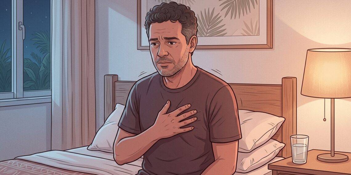 Ilustración de un hombre de mediana edad sentado en el borde de su cama por la noche, presionando su pecho con la mano y mostrando una expresión de malestar o dificultad para respirar, iluminado por la cálida luz de una lámpara de mesa.