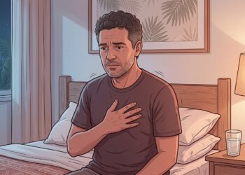 Ilustración de un hombre de mediana edad sentado en el borde de su cama por la noche, presionando su pecho con la mano y mostrando una expresión de malestar o dificultad para respirar, iluminado por la cálida luz de una lámpara de mesa.