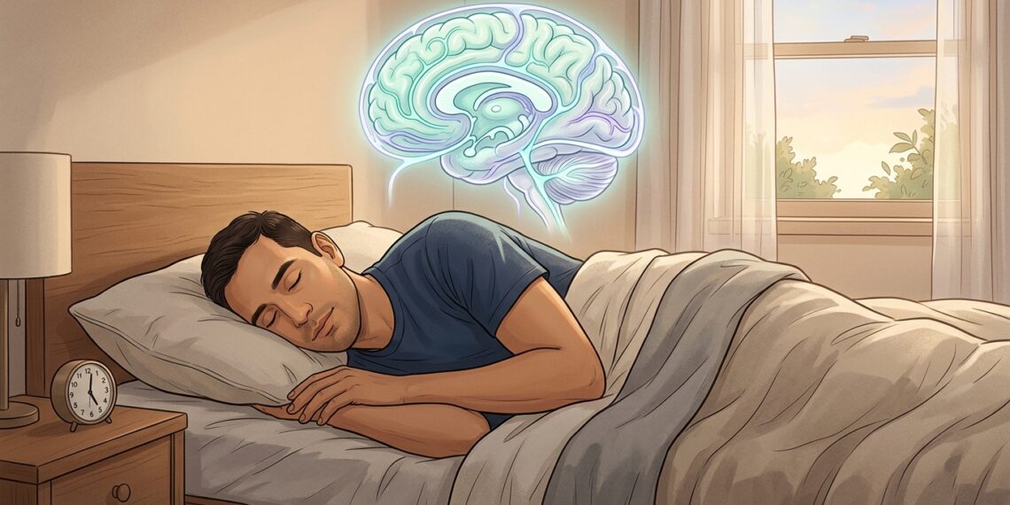 Un hombre durmiendo en su cama con una representación gráfica y brillante de un cerebro flotando sobre su cabeza en una habitación serena.