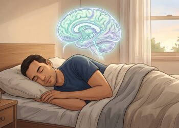 Un hombre durmiendo en su cama con una representación gráfica y brillante de un cerebro flotando sobre su cabeza en una habitación serena.
