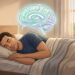 Un hombre durmiendo en su cama con una representación gráfica y brillante de un cerebro flotando sobre su cabeza en una habitación serena.