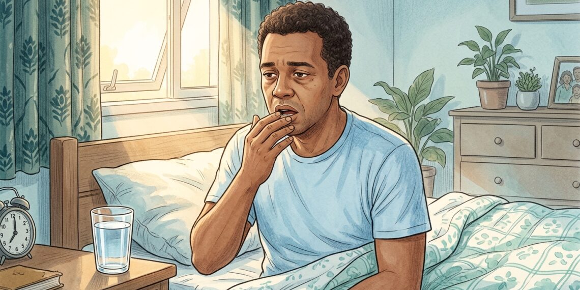 Ilustración de un hombre despertando en su cama por la mañana, tocándose la boca con una expresión de profundo cansancio y sequedad, con un vaso de agua listo en su mesita de noche.