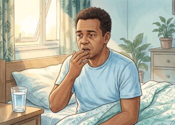 Ilustración de un hombre despertando en su cama por la mañana, tocándose la boca con una expresión de profundo cansancio y sequedad, con un vaso de agua listo en su mesita de noche.