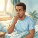 Ilustración de un hombre despertando en su cama por la mañana, tocándose la boca con una expresión de profundo cansancio y sequedad, con un vaso de agua listo en su mesita de noche.