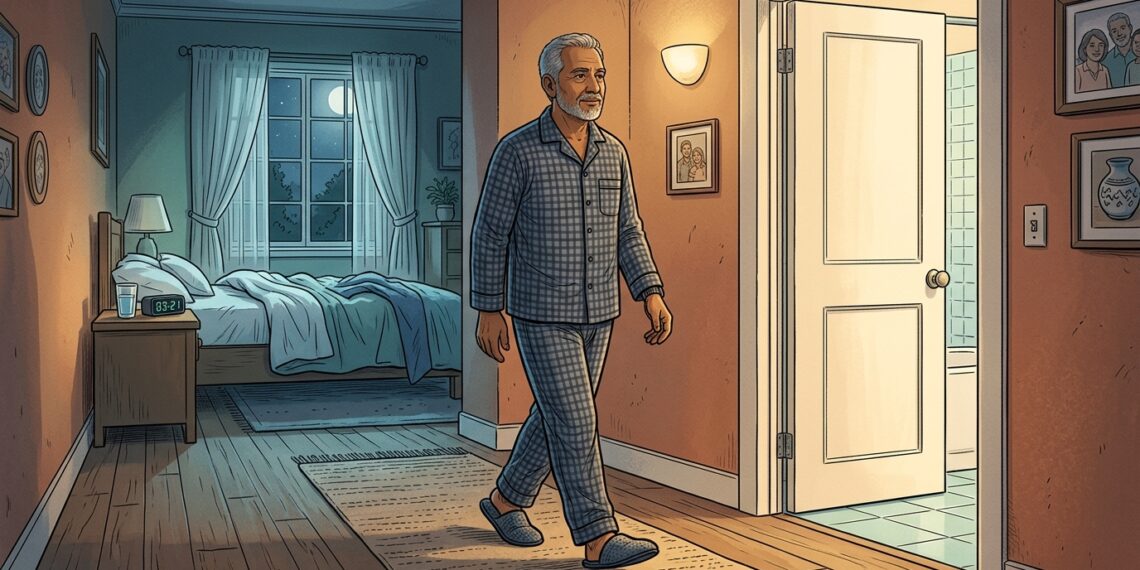 Ilustración de un hombre mayor en pijama caminando por el pasillo de su casa hacia el baño durante la noche.