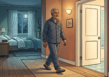 Ilustración de un hombre mayor en pijama caminando por el pasillo de su casa hacia el baño durante la noche.