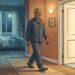 Ilustración de un hombre mayor en pijama caminando por el pasillo de su casa hacia el baño durante la noche.