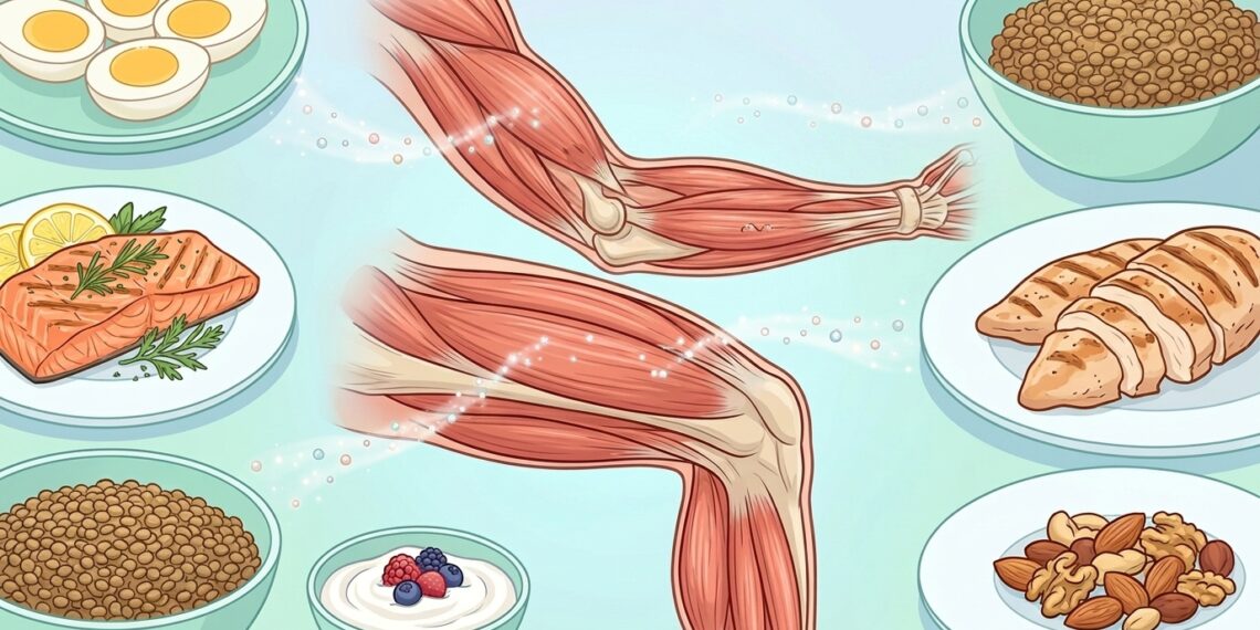 Ilustración anatómica de los músculos de un brazo y una pierna rodeados de varios platos con alimentos ricos en proteínas, como salmón, pollo, huevos, legumbres y frutos secos.