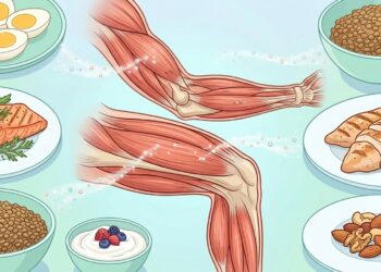 Ilustración anatómica de los músculos de un brazo y una pierna rodeados de varios platos con alimentos ricos en proteínas, como salmón, pollo, huevos, legumbres y frutos secos.