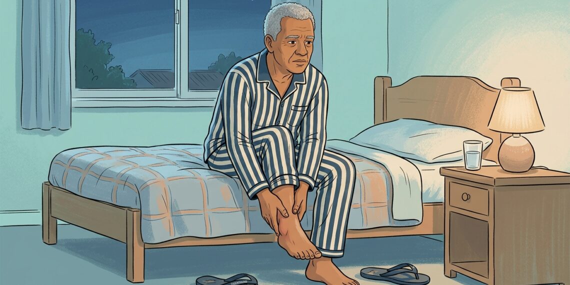 Ilustración de un hombre mayor sentado en el borde de su cama durante la noche, frotando su tobillo derecho hinchado, iluminado por la luz cálida de una lámpara de noche.