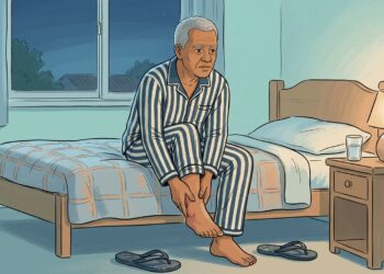 Ilustración de un hombre mayor sentado en el borde de su cama durante la noche, frotando su tobillo derecho hinchado, iluminado por la luz cálida de una lámpara de noche.