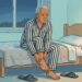 Ilustración de un hombre mayor sentado en el borde de su cama durante la noche, frotando su tobillo derecho hinchado, iluminado por la luz cálida de una lámpara de noche.