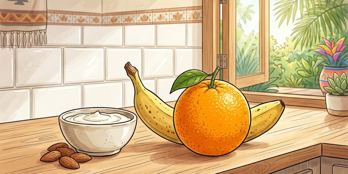 Una naranja brillante y un plátano maduro sobre una encimera de madera en una cocina luminosa, acompañados de un tazón pequeño de yogur y algunas almendras enteras.