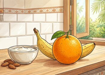 Una naranja brillante y un plátano maduro sobre una encimera de madera en una cocina luminosa, acompañados de un tazón pequeño de yogur y algunas almendras enteras.