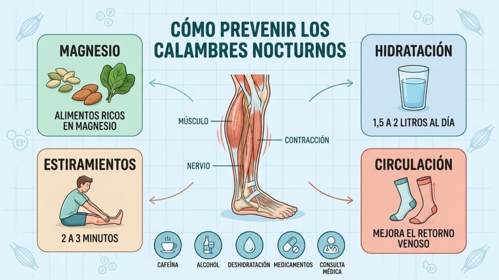 Los calambres nocturnos suelen relacionarse con déficit de magnesio, deshidratación o mala circulación.