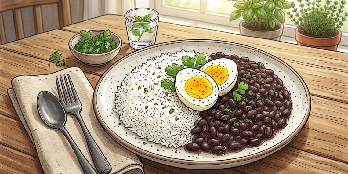 Una ilustración fotográfica de un plato equilibrado de arroz blanco, frijoles negros y dos mitades de huevo cocido en una mesa de madera, con superposiciones infográficas que muestran una balanza que compara "PROTEÍNA COMPLETA" con "CARNE ROJA" y un gráfico de barras nutricional que muestra valores proteicos equivalentes.