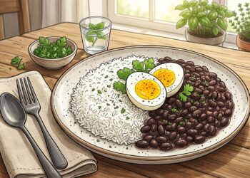 Una ilustración fotográfica de un plato equilibrado de arroz blanco, frijoles negros y dos mitades de huevo cocido en una mesa de madera, con superposiciones infográficas que muestran una balanza que compara "PROTEÍNA COMPLETA" con "CARNE ROJA" y un gráfico de barras nutricional que muestra valores proteicos equivalentes.