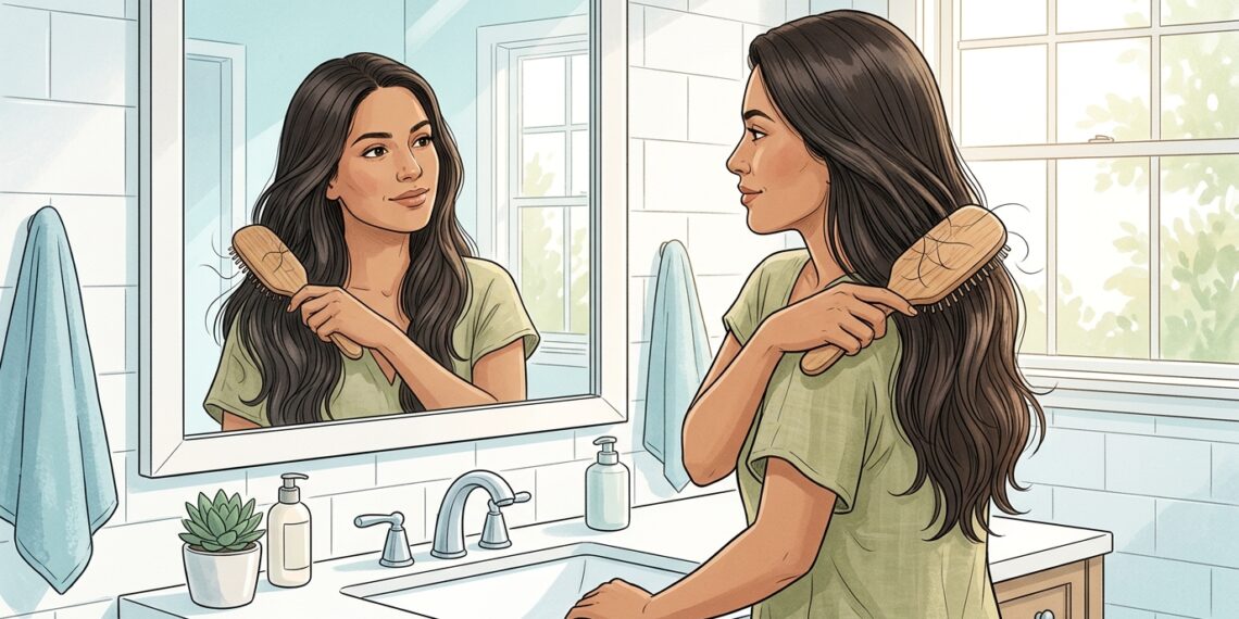 Ilustración de una mujer mirándose al espejo en un baño luminoso mientras se cepilla su largo cabello oscuro.