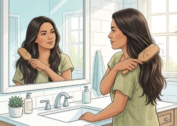 Ilustración de una mujer mirándose al espejo en un baño luminoso mientras se cepilla su largo cabello oscuro.