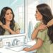 Ilustración de una mujer mirándose al espejo en un baño luminoso mientras se cepilla su largo cabello oscuro.