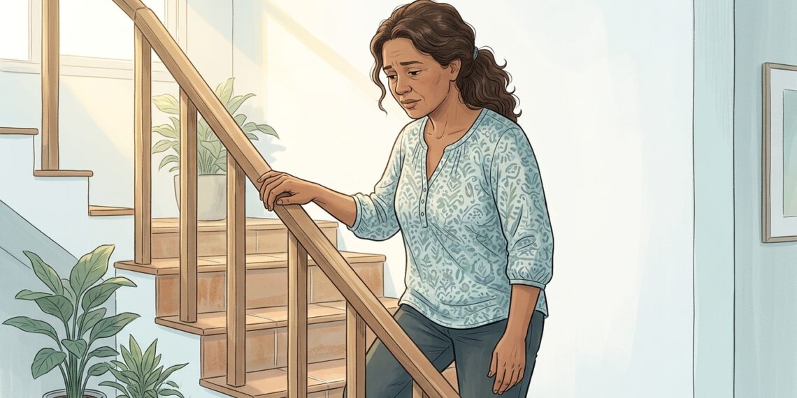 Ilustración de una mujer de mediana edad subiendo una escalera interior con una expresión de marcado cansancio y debilidad física, apoyándose firmemente en el pasamanos de madera en un entorno iluminado por la luz del sol.