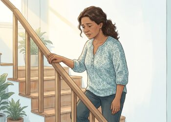 Ilustración de una mujer de mediana edad subiendo una escalera interior con una expresión de marcado cansancio y debilidad física, apoyándose firmemente en el pasamanos de madera en un entorno iluminado por la luz del sol.