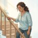 Ilustración de una mujer de mediana edad subiendo una escalera interior con una expresión de marcado cansancio y debilidad física, apoyándose firmemente en el pasamanos de madera en un entorno iluminado por la luz del sol.