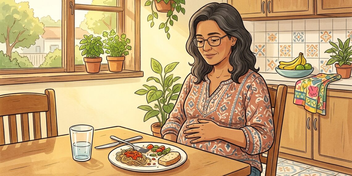 Ilustración de una mujer sentada en la mesa de su cocina tocándose el abdomen hinchado después de comer un plato de pasta con pan y ensalada, reflejando malestar o pesadez digestiva en un ambiente hogareño.