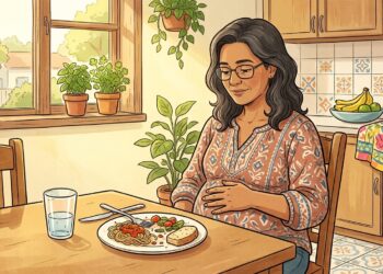 Ilustración de una mujer sentada en la mesa de su cocina tocándose el abdomen hinchado después de comer un plato de pasta con pan y ensalada, reflejando malestar o pesadez digestiva en un ambiente hogareño.