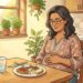 Ilustración de una mujer sentada en la mesa de su cocina tocándose el abdomen hinchado después de comer un plato de pasta con pan y ensalada, reflejando malestar o pesadez digestiva en un ambiente hogareño.
