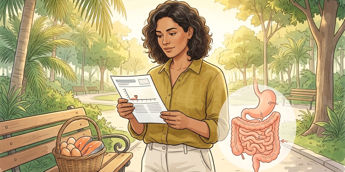 Mujer en un parque leyendo resultados médicos junto a una canasta con salmón y huevos, acompañada de una ilustración anatómica del sistema digestivo.