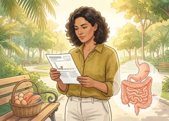 Mujer en un parque leyendo resultados médicos junto a una canasta con salmón y huevos, acompañada de una ilustración anatómica del sistema digestivo.