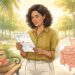 Mujer en un parque leyendo resultados médicos junto a una canasta con salmón y huevos, acompañada de una ilustración anatómica del sistema digestivo.