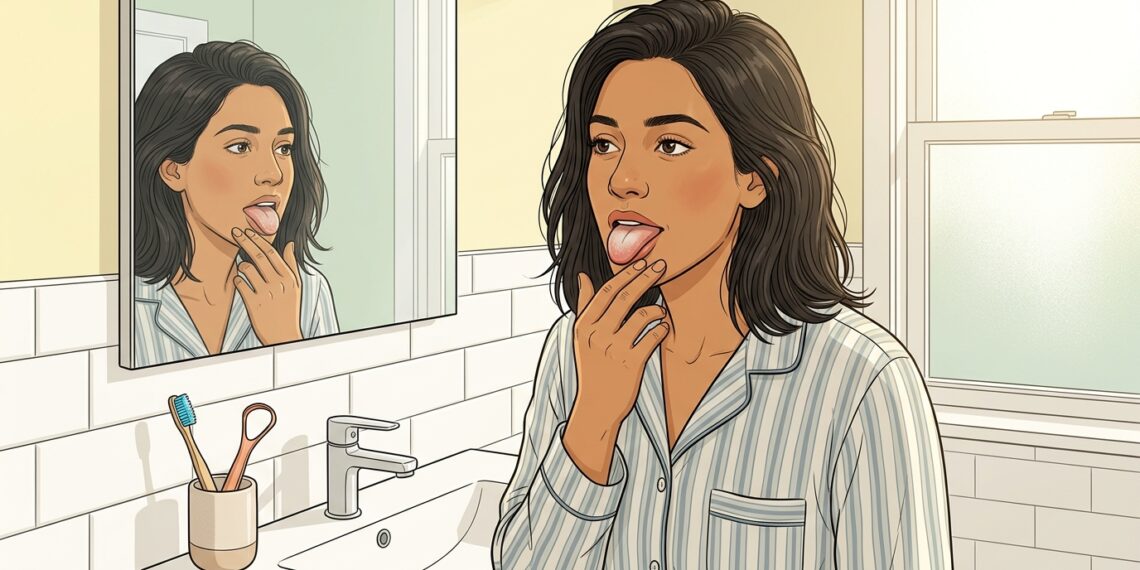 Una mujer en pijama de rayas se examina la lengua en el espejo de un baño. Su lengua está notablemente recubierta de una capa blanquecina. Un sutil resplandor de energía ámbar en el área de su hígado, con un rastro de energía wispy hacia su boca, simboliza la sobrecarga hepática.