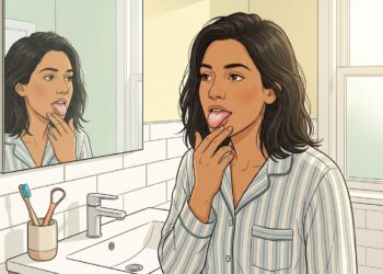 Una mujer en pijama de rayas se examina la lengua en el espejo de un baño. Su lengua está notablemente recubierta de una capa blanquecina. Un sutil resplandor de energía ámbar en el área de su hígado, con un rastro de energía wispy hacia su boca, simboliza la sobrecarga hepática.