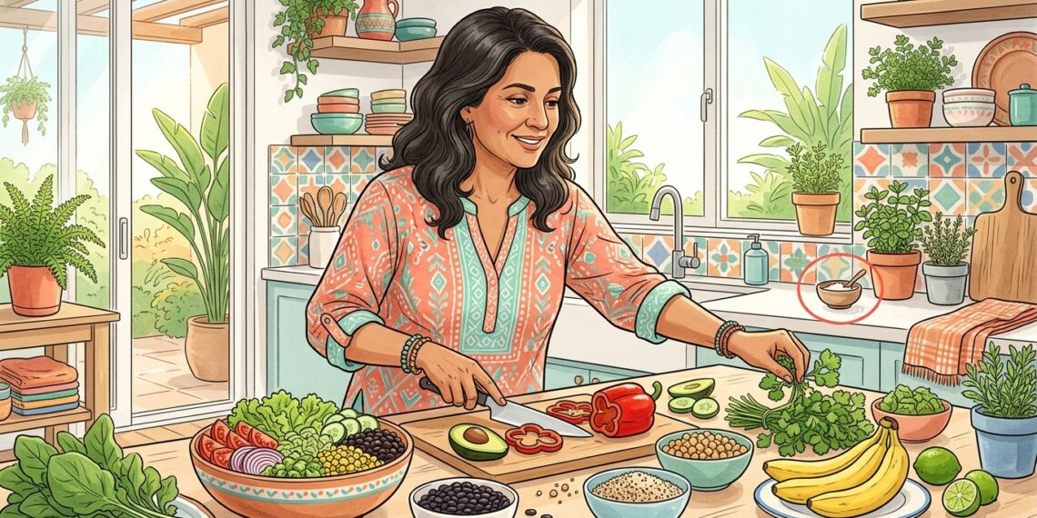 Mujer sonriente preparando vegetales y alimentos frescos en una cocina luminosa, con un pequeño recipiente de sal resaltado al fondo.