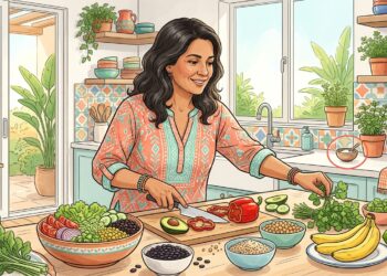 Mujer sonriente preparando vegetales y alimentos frescos en una cocina luminosa, con un pequeño recipiente de sal resaltado al fondo.