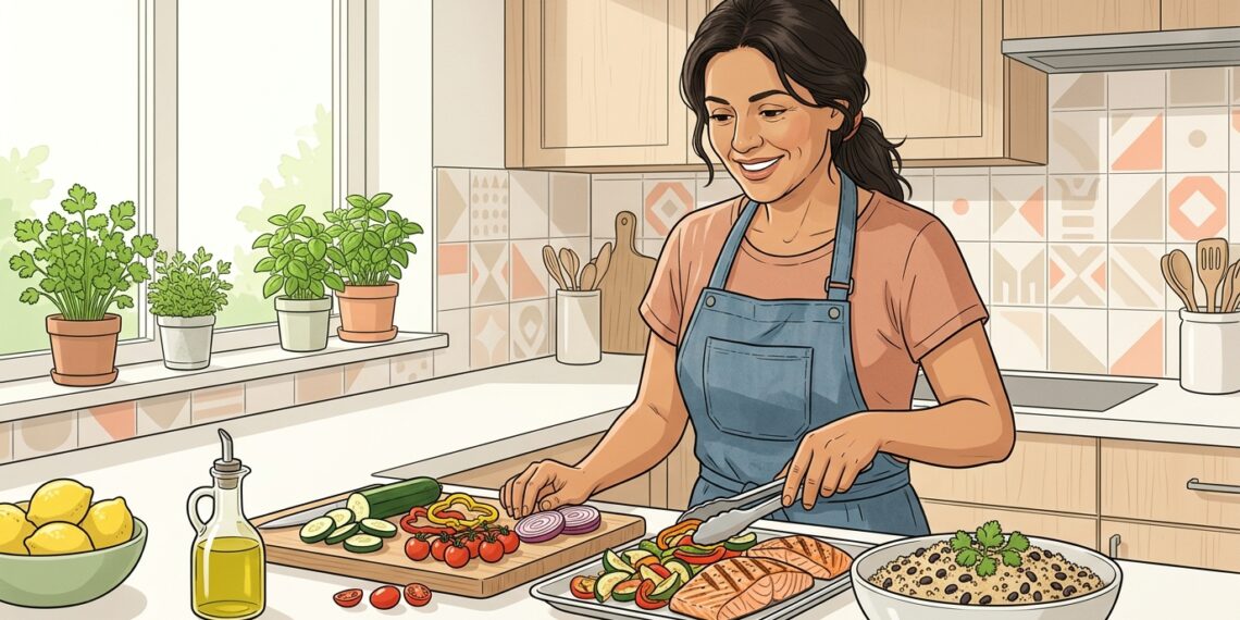 Ilustración de una mujer sonriente preparando una comida saludable con salmón, verduras frescas y granos en una cocina bien iluminada.