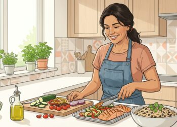 Ilustración de una mujer sonriente preparando una comida saludable con salmón, verduras frescas y granos en una cocina bien iluminada.