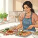 Ilustración de una mujer sonriente preparando una comida saludable con salmón, verduras frescas y granos en una cocina bien iluminada.
