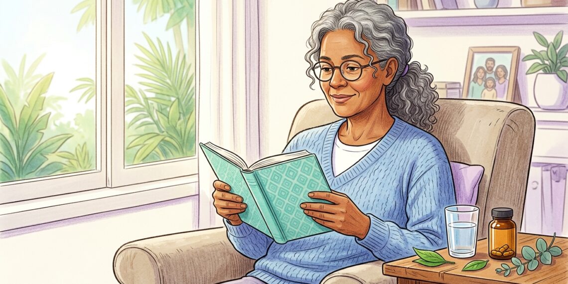 Ilustración de una mujer mayor leyendo plácidamente un libro en un sillón junto a una ventana iluminada, con un frasco de suplementos y un vaso de agua en una mesa auxiliar, representando el cuidado cognitivo en el hogar.