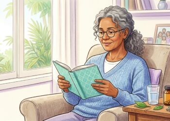 Ilustración de una mujer mayor leyendo plácidamente un libro en un sillón junto a una ventana iluminada, con un frasco de suplementos y un vaso de agua en una mesa auxiliar, representando el cuidado cognitivo en el hogar.