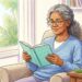 Ilustración de una mujer mayor leyendo plácidamente un libro en un sillón junto a una ventana iluminada, con un frasco de suplementos y un vaso de agua en una mesa auxiliar, representando el cuidado cognitivo en el hogar.