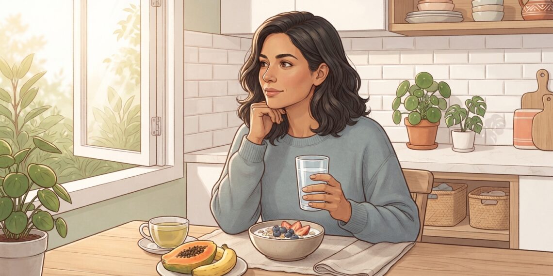 Mujer joven disfrutando de un desayuno saludable y equilibrado en una cocina soleada.